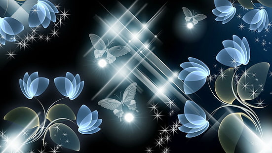Nouveau fond d'écran Blue Radiance, papillons et fleurs bleues, vertes et grises, personnage de Firefox, étoiles, étincelles, couches, papillons, fleurs, transparent, 3D et abstrait, Fond d'écran HD HD wallpaper