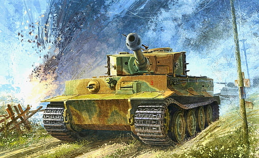 sfondo del carro armato di battaglia verde e marrone, tigre, figura, il secondo mondo, Francia, Normandia, i tedeschi, carro armato pesante, luglio 1944, PzKpfw VI sdkfz 181 aust.e, 102 battaglione, Sfondo HD HD wallpaper