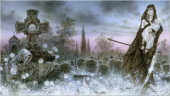  Flowers, Girl, Death, Braid, Luis Royo, Crosses, Cemetery, Child, White roses, DEATH AND LIFE, HD wallpaper HD wallpaper