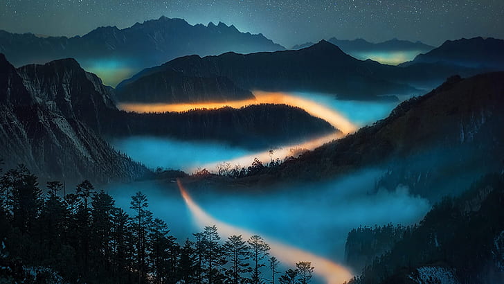 foggy, valley, mountain, twilight, mount scenery, evening, night, darkness, HD wallpaper