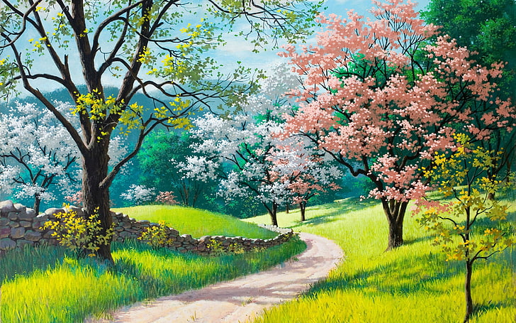 Peinture de fleurs de printemps, voie entre les arbres illustration, Art et créatif, printemps, arbre, art, forêt, peinture, Fond d'écran HD