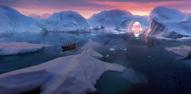 произведения на изкуството, пейзаж, Tian Zi, езеро, лед, Арктика, айсберг, лодка, вода, HD тапет