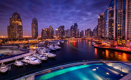 4 km, marina de Dubaï, cité du canal, paysage nocturne, Fond d'écran HD HD wallpaper