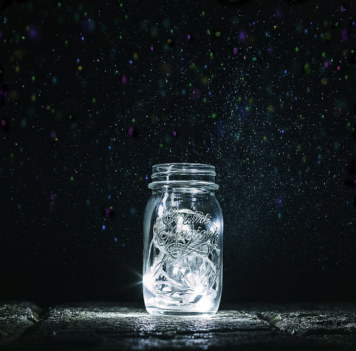 frasco de vidro transparente, banco, guirlandas, estrelas, brilho, vaga-lumes, HD papel de parede