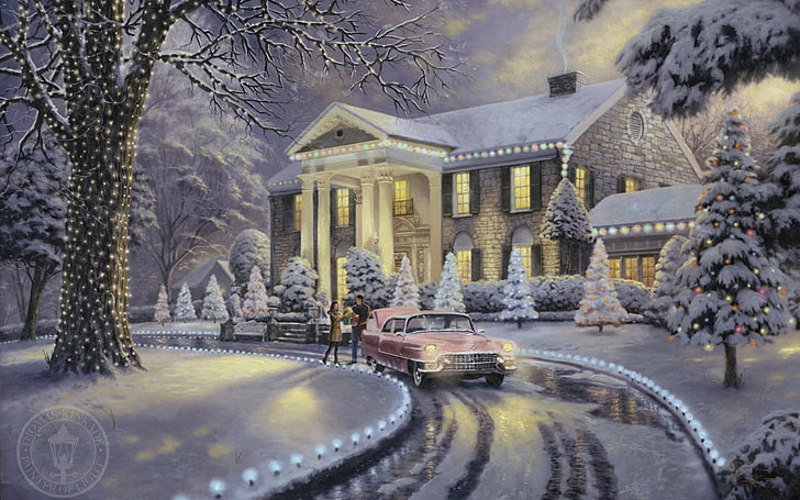розовый Chevy Bel Air, мороз, автомобиль, машина, снег, огни, дом, ретро, ​​вилла, елка, красиво, подарки, живопись, Рождество, гирлянда, Томас Кинкейд, праздник, ёлка, сказочно, Рождество в Грейсленде, ёлки, HD обои