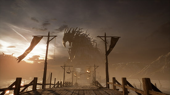 Hellblade: Senua's Sacrifice, компьютерная игра, облака, вода, деревянный мост, теплые цвета, HD обои HD wallpaper