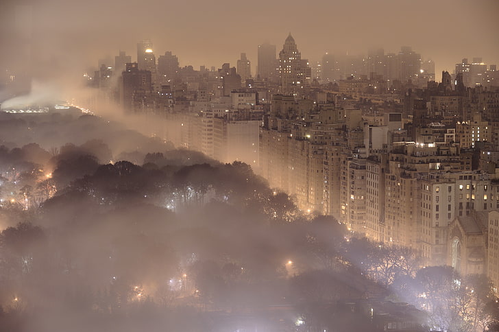 paesaggi urbani luci notturne nebbia edifici new york city 4256x2832 natura paesaggi urbani arte HD, paesaggi urbani, notte, Sfondo HD