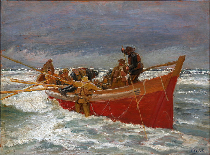 mer rouge, mer, ciel, tempête, bateau, image, pêcheurs, Michael Ancher, Fond d'écran HD