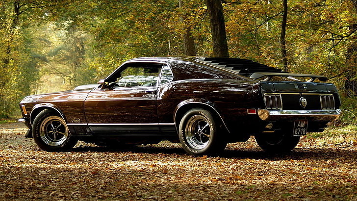 Kahverengi Ford Mustang coupe, kas araba, araba, Ford, Ford Mustang, fastback mach 1, HD masaüstü duvar kağıdı