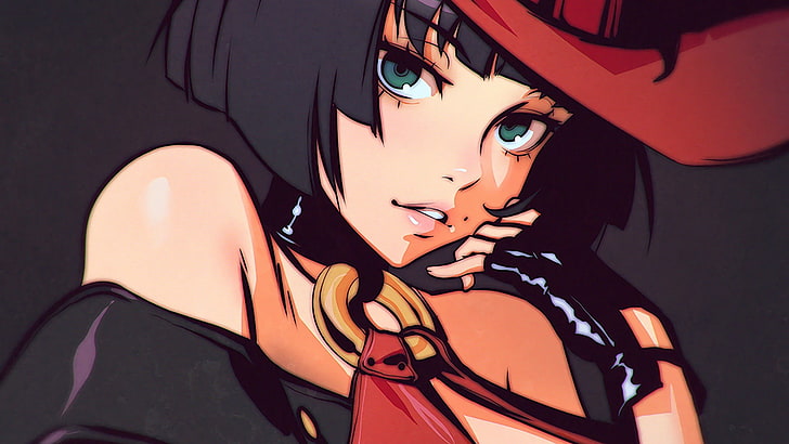 girl wearing red cowboy hat and black leather fingerless gloves animated illustration, Ilya Kuvshinov, drawing, cowboy hats, Guilty Gear, I-No (Guilty Gear), HD wallpaper