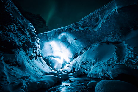 бяла ледена пещера, ледена пещера, нощ, лед, HD тапет HD wallpaper