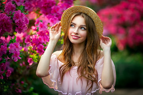 mujer, modelo, rubia, ojos azules, sombrero, flores, Olga Boyko, mujeres al aire libre, Fondo de pantalla HD HD wallpaper