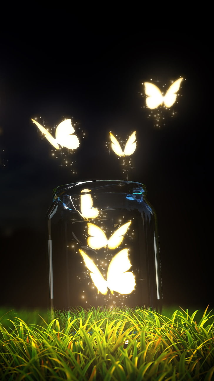 Farfalle incandescenti, farfalle illuminate, animali, farfalla, erba, farfalle, volare, splendore, bottiglia, Sfondo HD, sfondo telefono