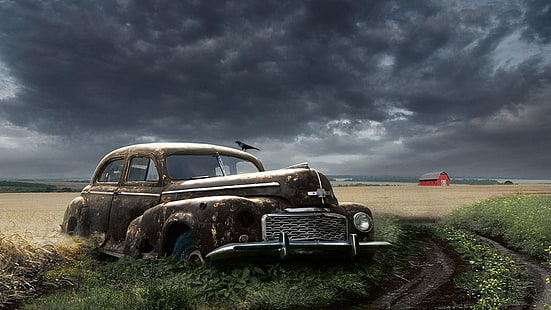 nuages, champ, vieille voiture, vintage, ferme, voiture classique, Fond d'écran HD HD wallpaper