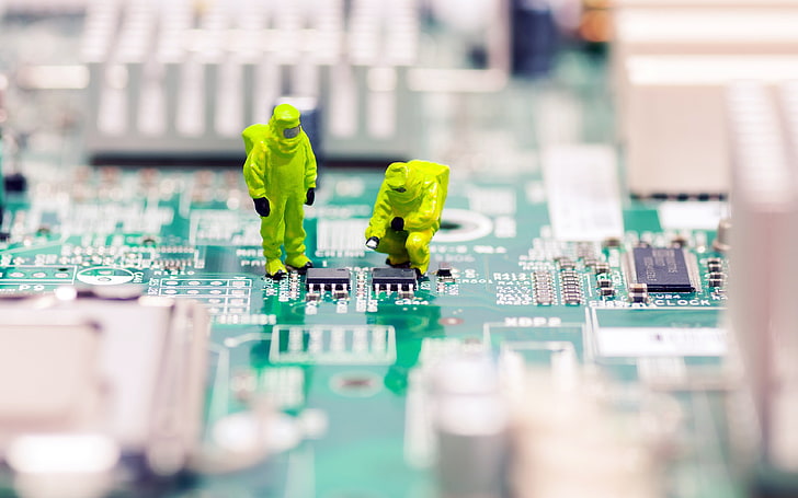 green IC board, shallow focus photography of green circuit board, motherboards, computer, tilt shift, PCB, HD wallpaper