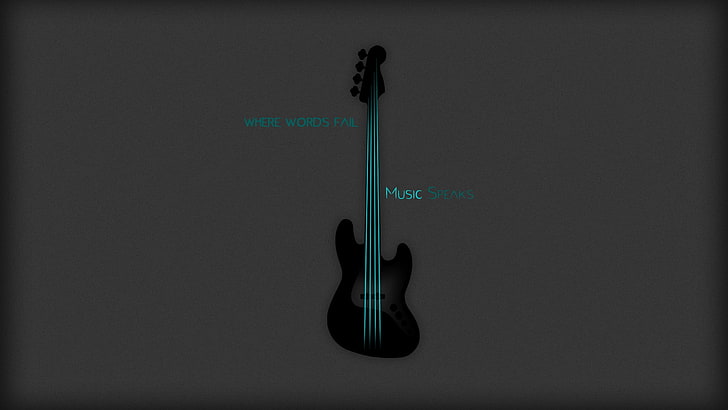 black guitar with where words music speakers text overlay, guitar, Hans Christian Anderson, music, musical instrument, minimalism, bass guitars, HD wallpaper