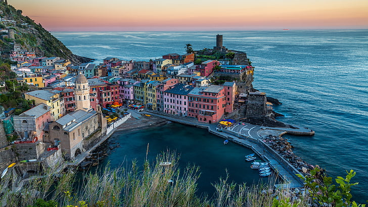 vernazza, Европа, La Spezia, хоризонт, залив, Италия, нос, Cinque Terre, вечер, крайбрежие, туризъм, небе, нос, градски пейзаж, град, нос, море, HD тапет