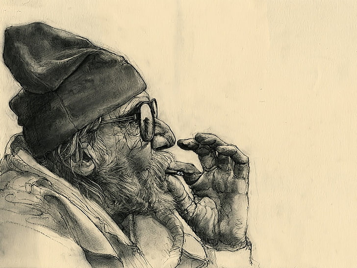 мужчина, курящий сигарету, эскиз, произведение искусства, дым, старики, старик, конопля, HD обои