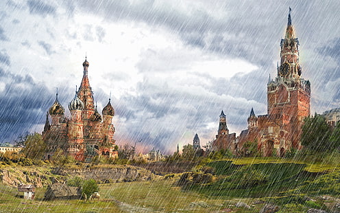 Katedral Saint Basil, Rusia, awan, Moskow, pancuran, Post-Apocalypse, Wallpaper HD HD wallpaper