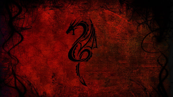 красный, черный, рисунок, тату, арт, графика, дракон, HD обои