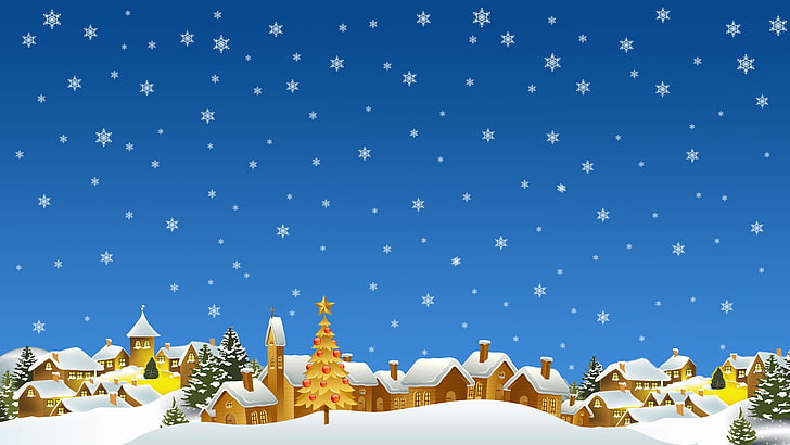 brown white village illustration, winter, snowflakes, new year, art, HD wallpaper