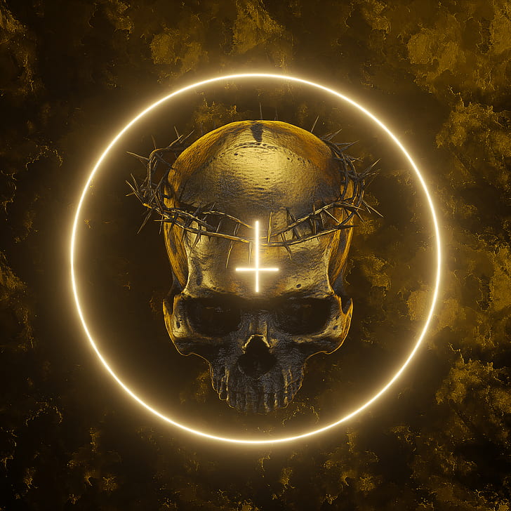 billelis, skull, cult, gold, 3D, artwork, digital, HD wallpaper