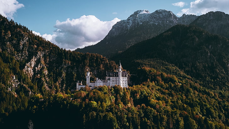 pemandangan, hutan, gunung, kastil, awan, Kastil Neuschwanstein, Jerman, Wallpaper HD