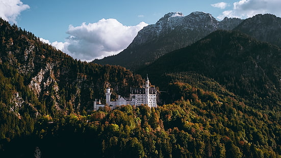 krajobraz, las, góry, zamek, chmury, zamek Neuschwanstein, Niemcy, Tapety HD HD wallpaper