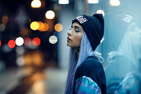 women's blue knit cap, women, portrait, depth of field, nose rings, dyed hair, tattoo, sweater, glass, reflection, Alessandro Di Cicco, Fishball Suicide, profile, HD wallpaper HD wallpaper