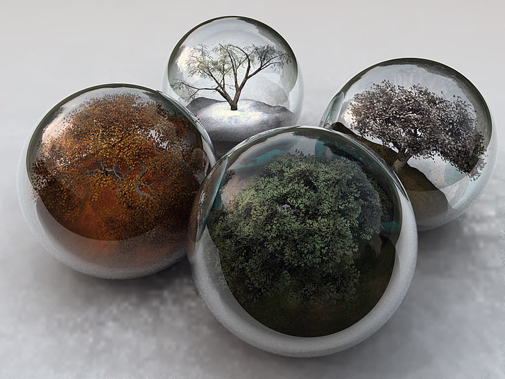 имат четирите сезона, затворени в стъкленото кълбо, те пренасят дървета 2048x1536 Nature Seasons HD Art, HD тапет
