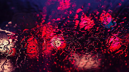 wet glass, red, lights, rain, water on glass, water drops, pink, HD wallpaper HD wallpaper