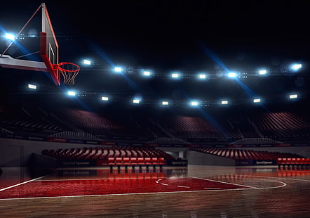 quadra de basquete vermelha e marrom, cesta, esporte, desfoque, dispositivos, anel, escudo, basquete, tribuna, estádio, lugares, ginásio, academia, papel de parede., iluminação, fãs, audiência, HD papel de parede HD wallpaper