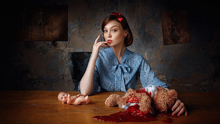 Georgy Chernyadyev, teddy bears, women, model, Olya Pushkina, HD wallpaper