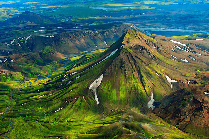 green mountain, nature, landscape, mountains, Iceland, snow, bird's eye view, top view, hills, river, HD wallpaper