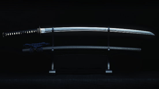 espada de plata con vaina negra, armas, katana, frío, elegante, Japón, Fondo de pantalla HD HD wallpaper