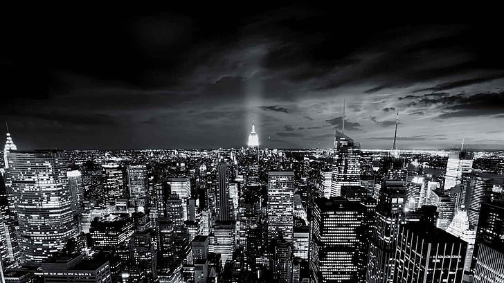 ภาพสีเทาของอาคารในเมือง, ขาวดำ, นิวยอร์กซิตี้, ทิวทัศน์ของเมือง, วอลล์เปเปอร์ HD