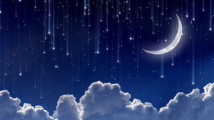 papel de parede de nuvens e lua crescente, arte digital, fundo azul, nuvens, estrelas, céu, lua, brilhando, caindo, linhas, HD papel de parede