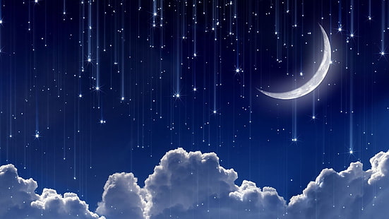 fondo de pantalla de nubes y luna creciente, arte digital, fondo azul, nubes, estrellas, cielo, luna, brillante, caída, líneas, Fondo de pantalla HD HD wallpaper