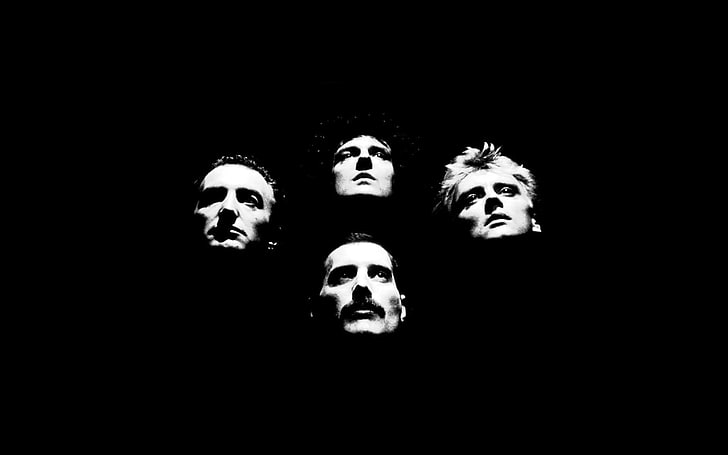 portret twarzy czterech mężczyzn, królowa, zespół, członkowie, twarze, tło, Tapety HD