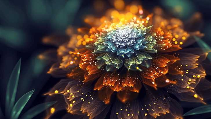 papier peint numérique fleur orange et bleu, art fantastique, fleurs fractales, profondeur de champ, art numérique, Fond d'écran HD