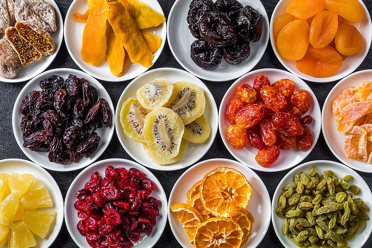 colorito, cibo, frutta, arancia (frutta), prugne (frutta), kiwi (frutta), uva passa, Sfondo HD