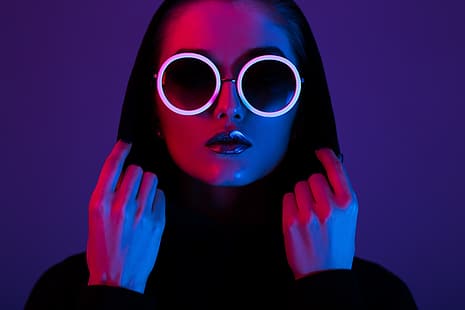 femmes, néon, lunettes de soleil, lumières, rouge, bleu, hottes, coloré, portrait, violet, maquillage, gros plan, visage, Fond d'écran HD HD wallpaper