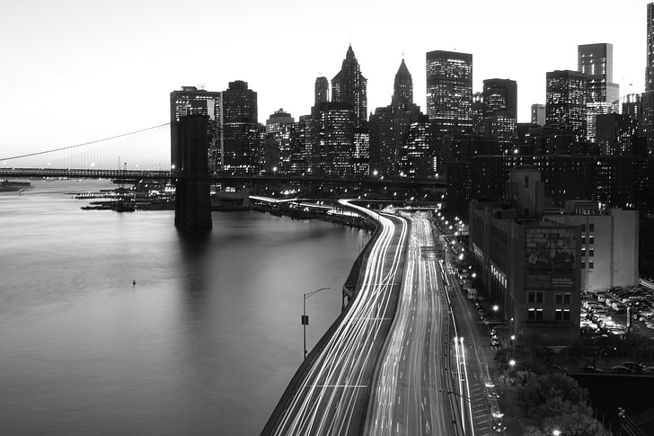 fotografia timelapse z Brooklyn Bridge, Nowy Jork, most, niebo, monochromatyczny, Tapety HD