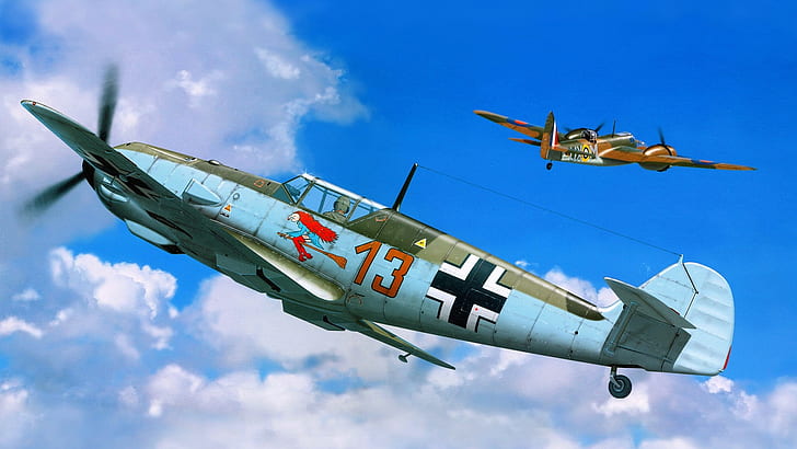 Messerschmitt, Messerschmitt Bf-109, Luftwaffe, grafika, samoloty wojskowe, II wojna światowa, Niemcy, Bristol Beaufort, Tapety HD