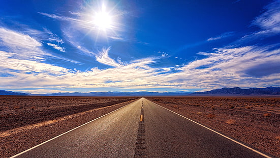 long road, road, straight way, sky, horizon, infrastructure, highway, plain, road trip, field, sunlight, steppe, HD wallpaper HD wallpaper