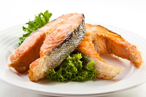 stekt fisk med sallad, fisk, kött, tallrik, grön, vit bakgrund, HD tapet HD wallpaper
