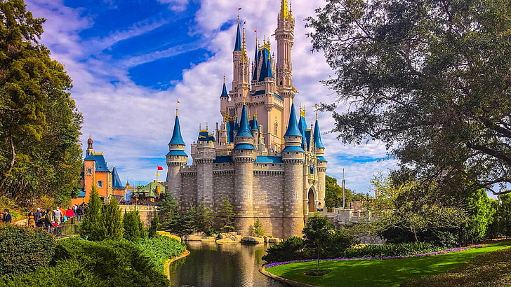 woda, Orlando, Floryda, USA, Stany Zjednoczone, park, miasto, zamek, roślina, trawa, natura, Disneyland, Walt Disney World Resort, Cinderella Castle, drzewo, atrakcja turystyczna, Walt Disney World, niebo, punkt orientacyjny, Tapety HD
