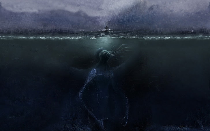 морско чудовище тапет, фентъзи изкуство, море, морски чудовища, дъжд, буря, дигитално изкуство, разделен изглед, Cthulhu, същество, под вода, ужас, HD тапет
