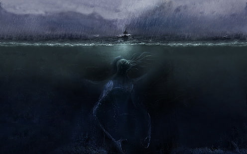 fond d'écran de monstre marin, art fantastique, mer, monstres marins, pluie, tempête, art numérique, vue divisée, Cthulhu, créature, sous l'eau, horreur, Fond d'écran HD HD wallpaper
