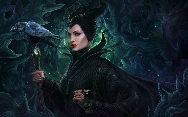 artwork, Angelina Jolie, Disney, crow, Maleficent, drawing, thorns, Demona, HD wallpaper